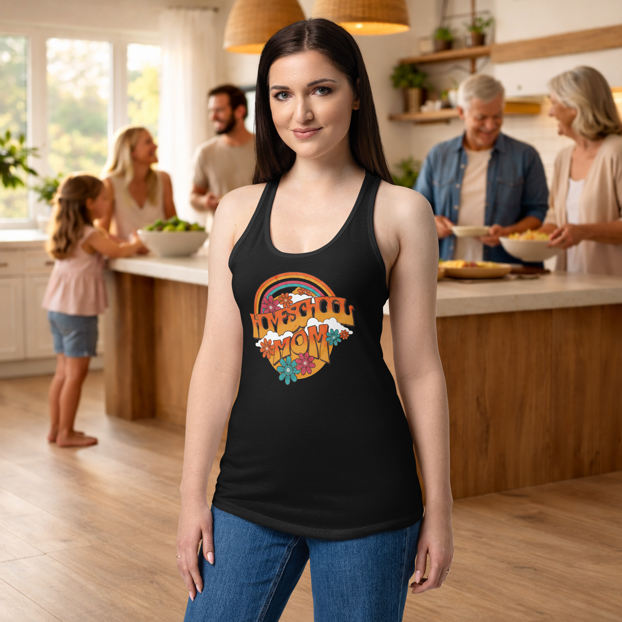Women’s fitted racerback tank top Homeschool Mom rainbow
