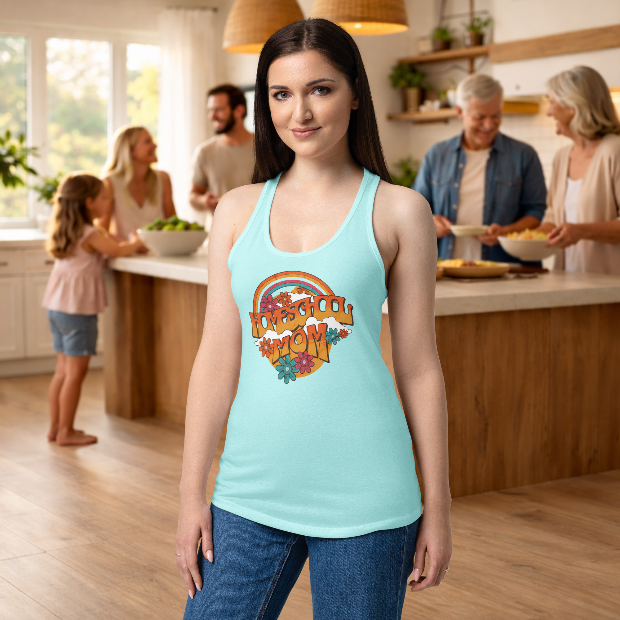 Women’s fitted racerback tank top Homeschool Mom rainbow