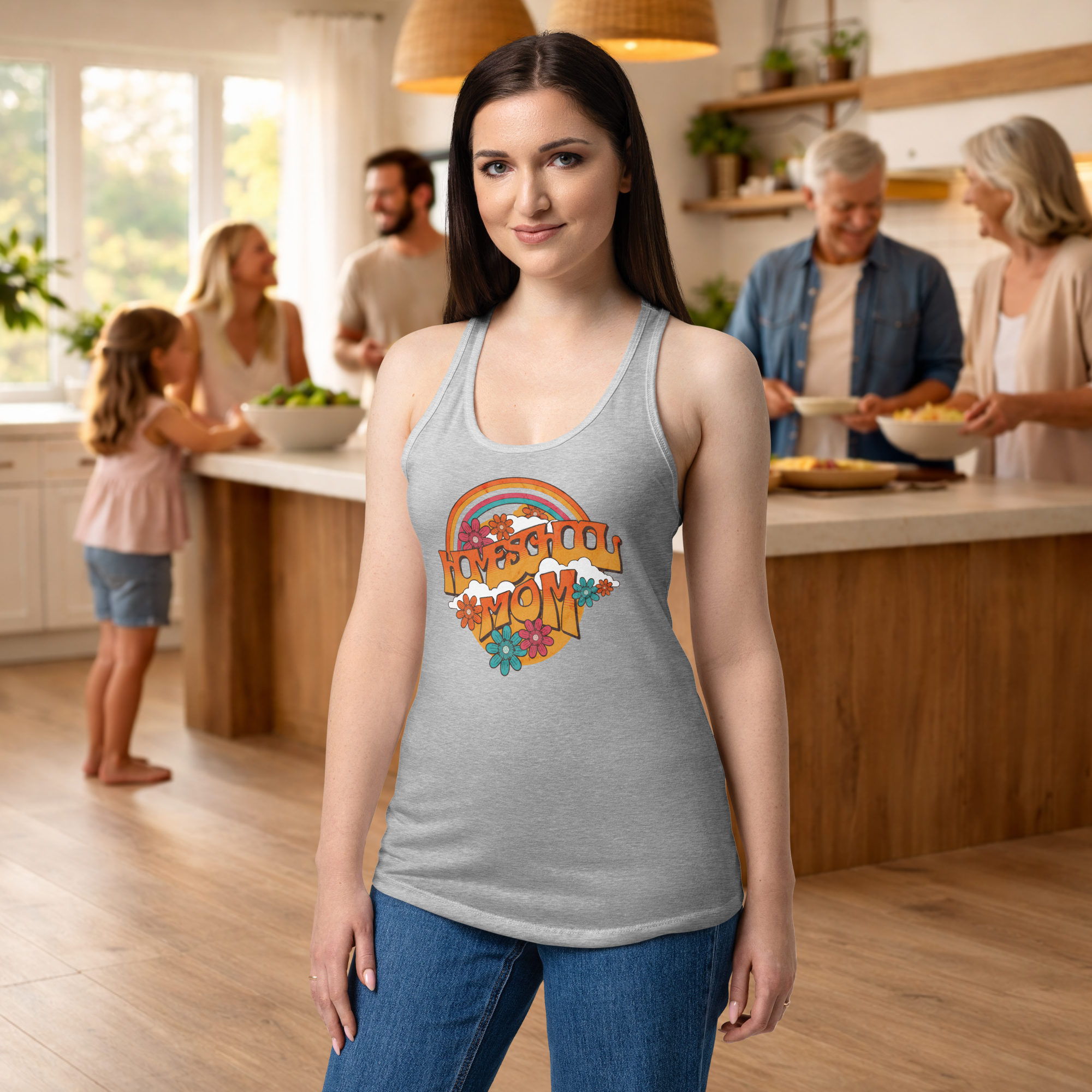 Women’s fitted racerback tank top Homeschool Mom rainbow