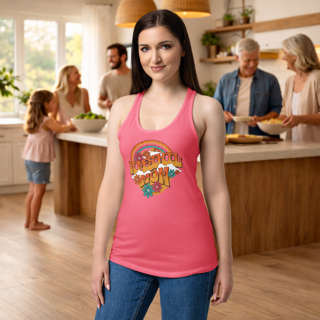 Women’s fitted racerback tank top Homeschool Mom rainbow
