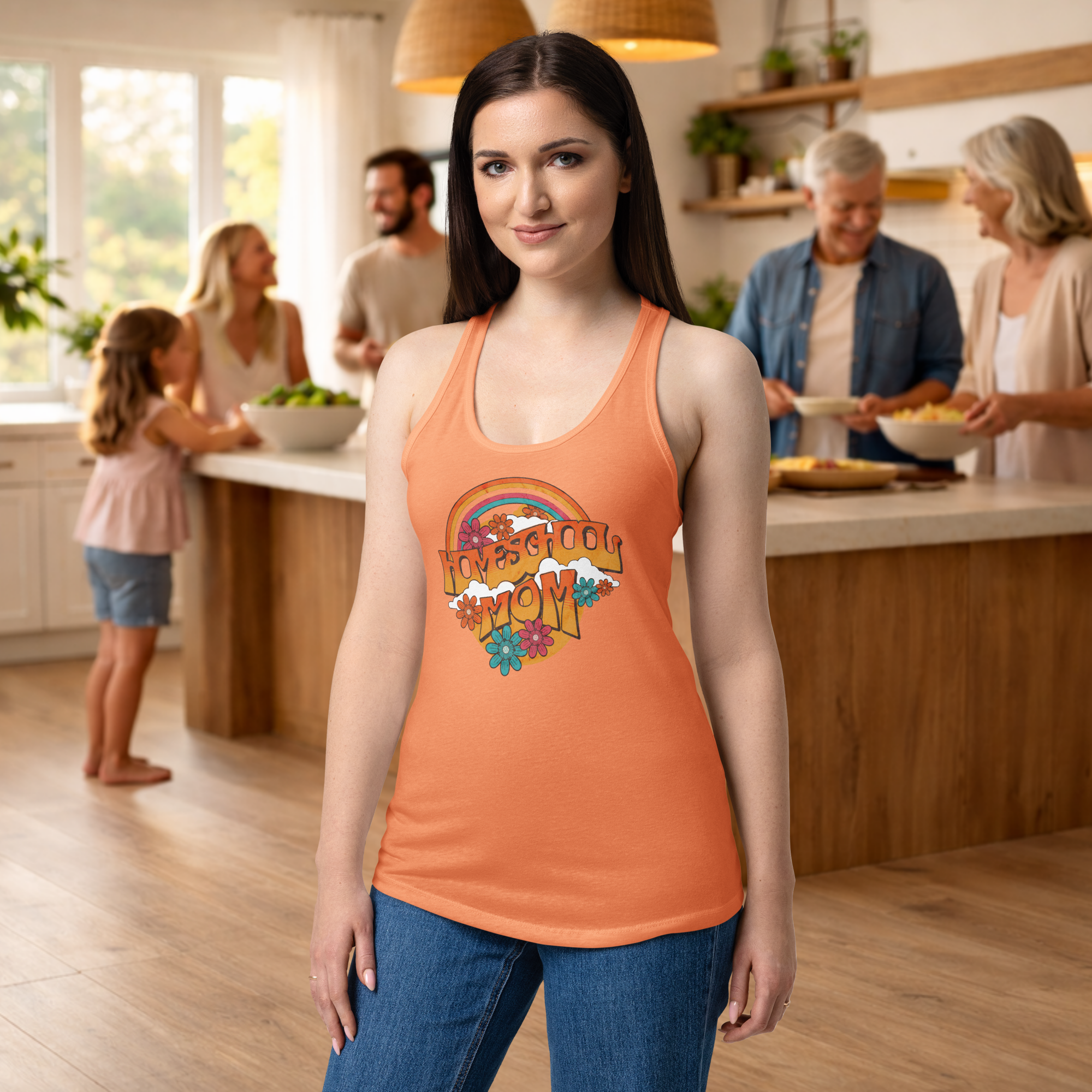 Women’s fitted racerback tank top Homeschool Mom rainbow