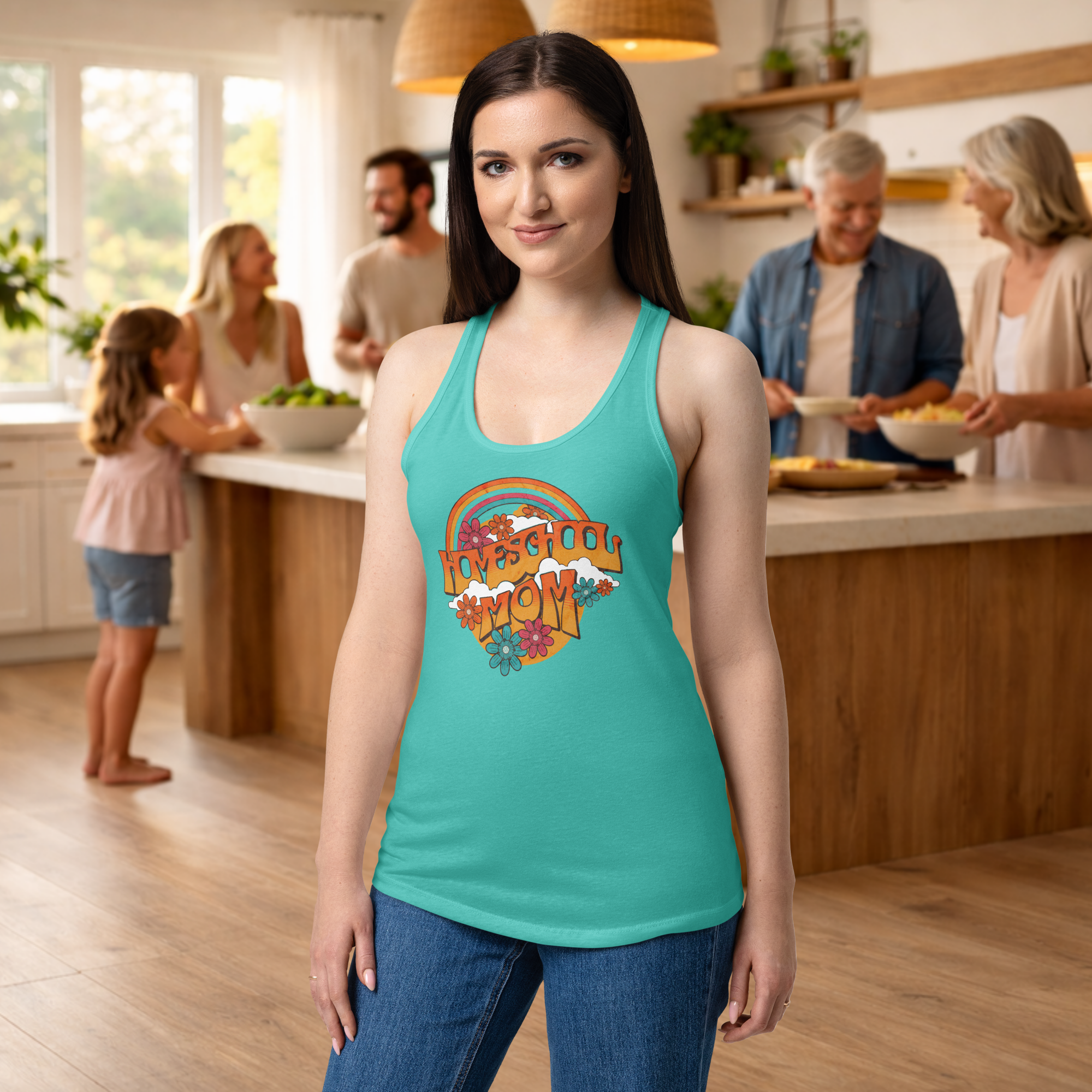 Women’s fitted racerback tank top Homeschool Mom rainbow