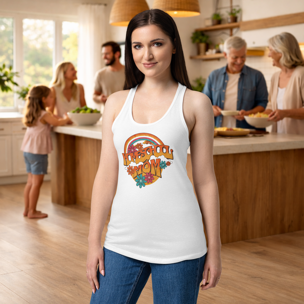 Women’s fitted racerback tank top Homeschool Mom rainbow